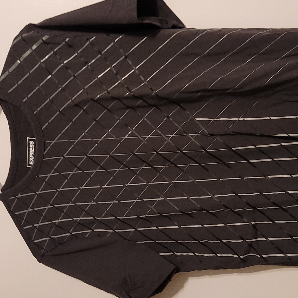 Express Men's Gray Polo w/ Sliver & Black Lines